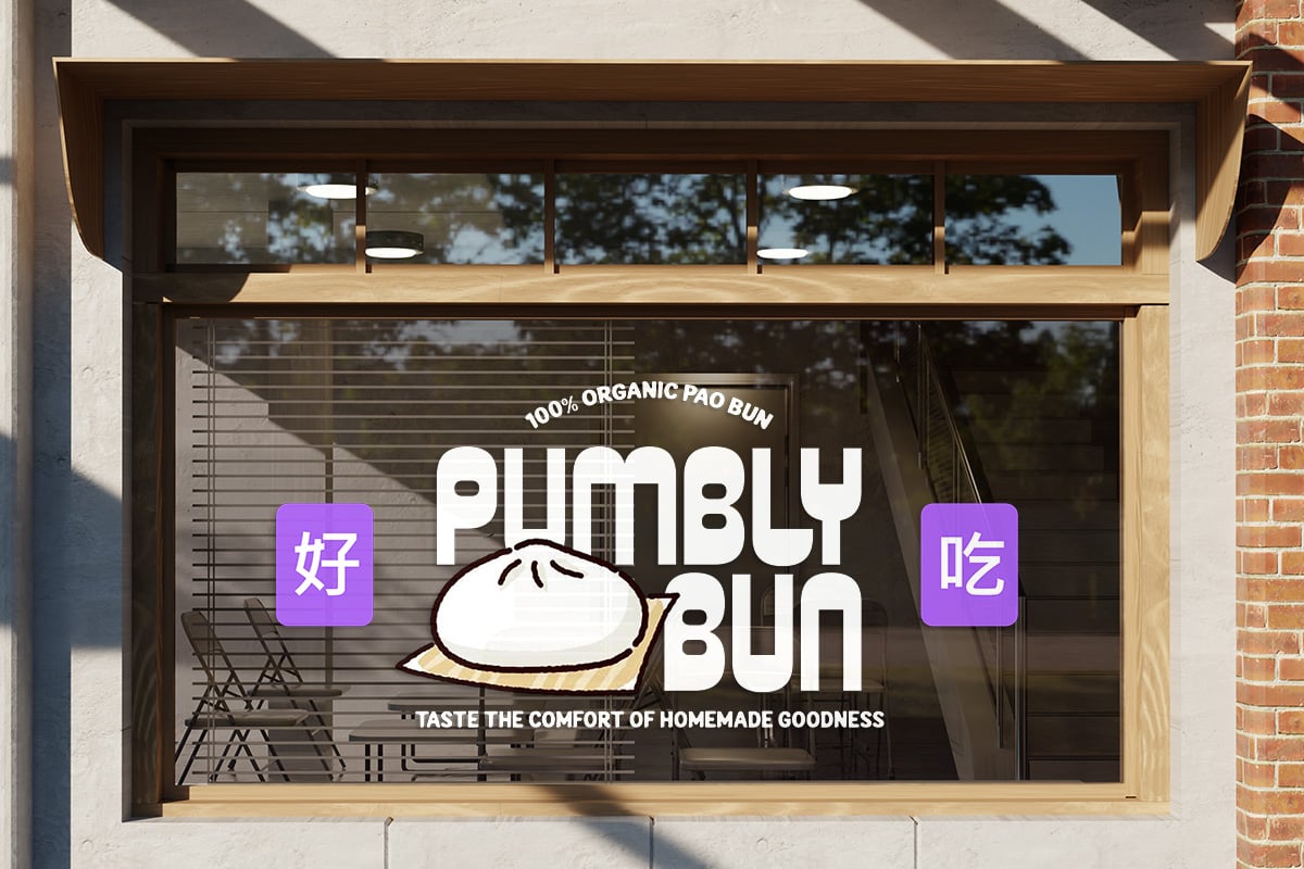 Modern storefront window mockup showing "Plumbly Bun" organic pao bun branding with purple accents