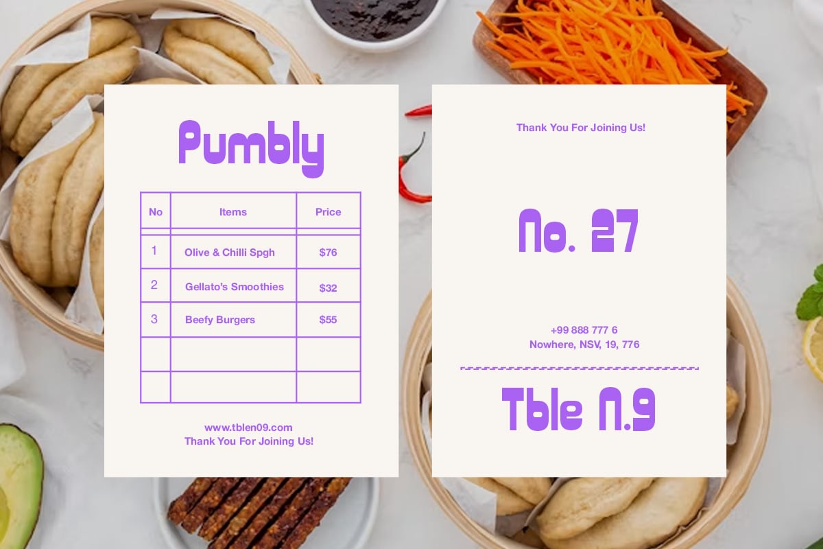 Pumbly restaurant invoice mockup with purple table layout, receipt card showing order details over food styling flat lay
