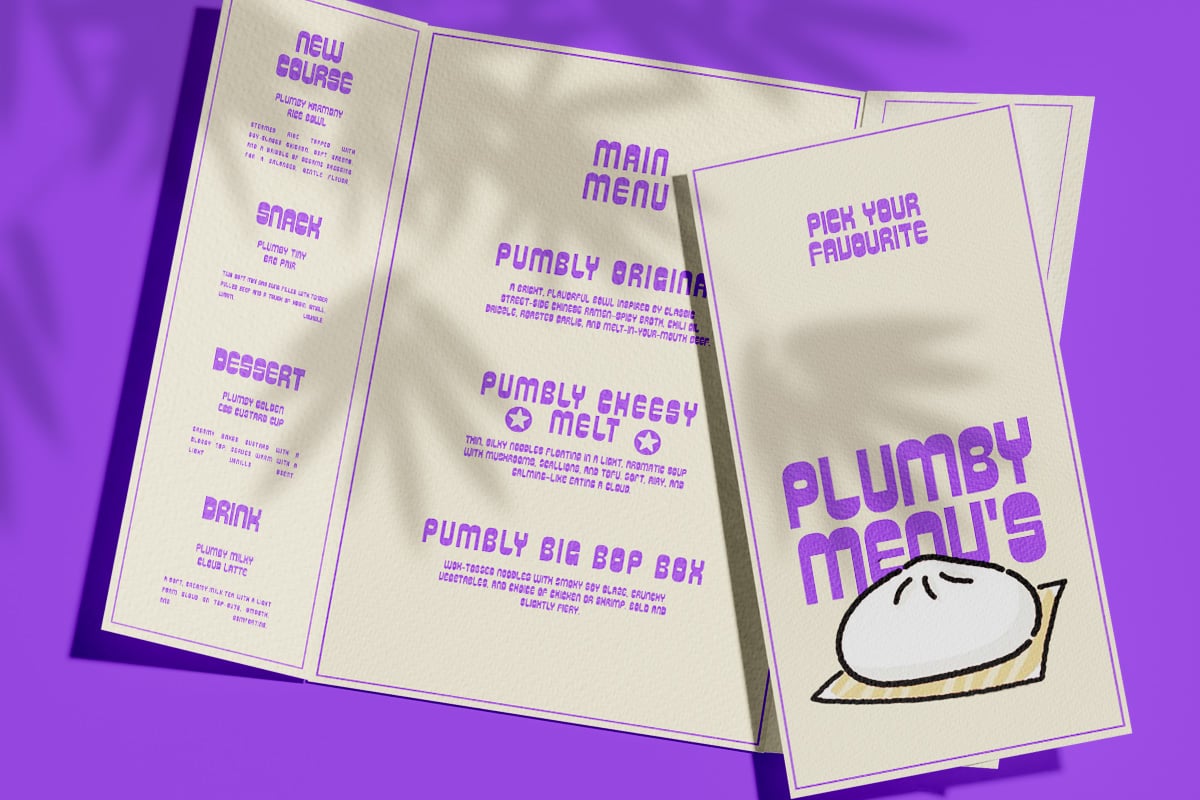 Playful tri-fold menu mockup with bright purple text on cream paper, featuring quirky food section headers like "Pumbly Origina" plus a hand-drawn dumpling doodle