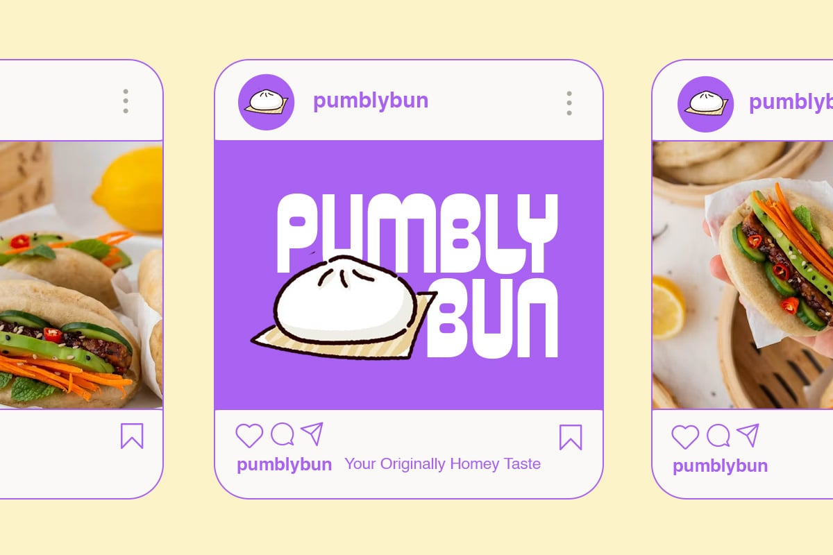 Plumbly bun food brand mobile mockup with purple theme, bun icon, tagline