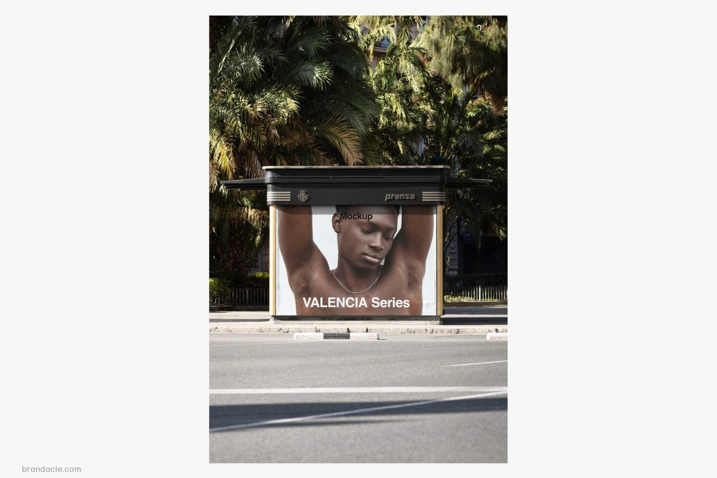 Bus shelter billboard mockup showing Valencia Series campaign with portrait against tropical palms