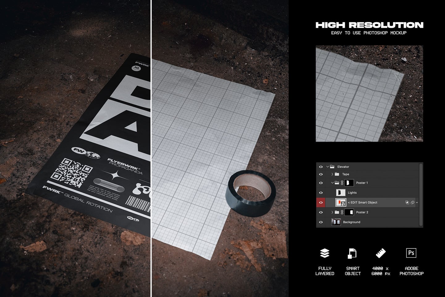 Dark moody product mockup with black flyer, grid paper, tape on grungy ground