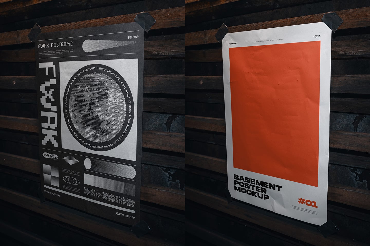 Two poster mockups clipped to wooden beams, one dark with circular moon graphic, one bright orange, rustic backdrop