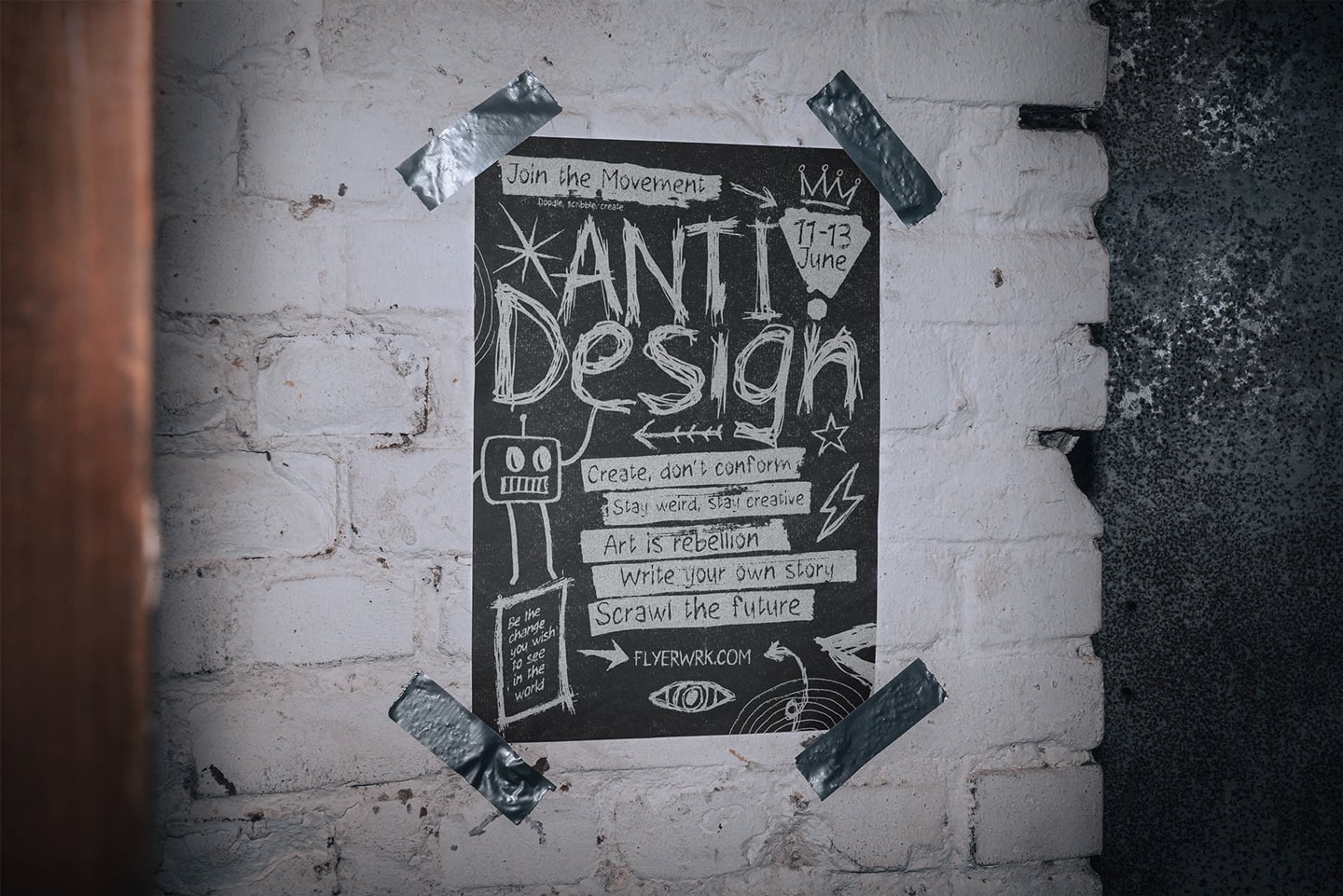 Hand-drawn anti-design festival poster taped to grungy brick wall with rebellious doodles