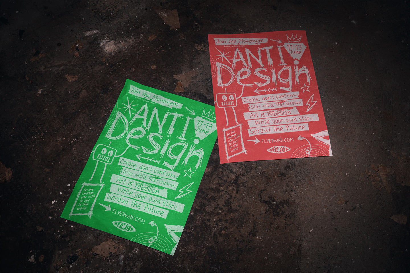 Bright green plus red flyers with hand-drawn typography scattered on dark concrete street background