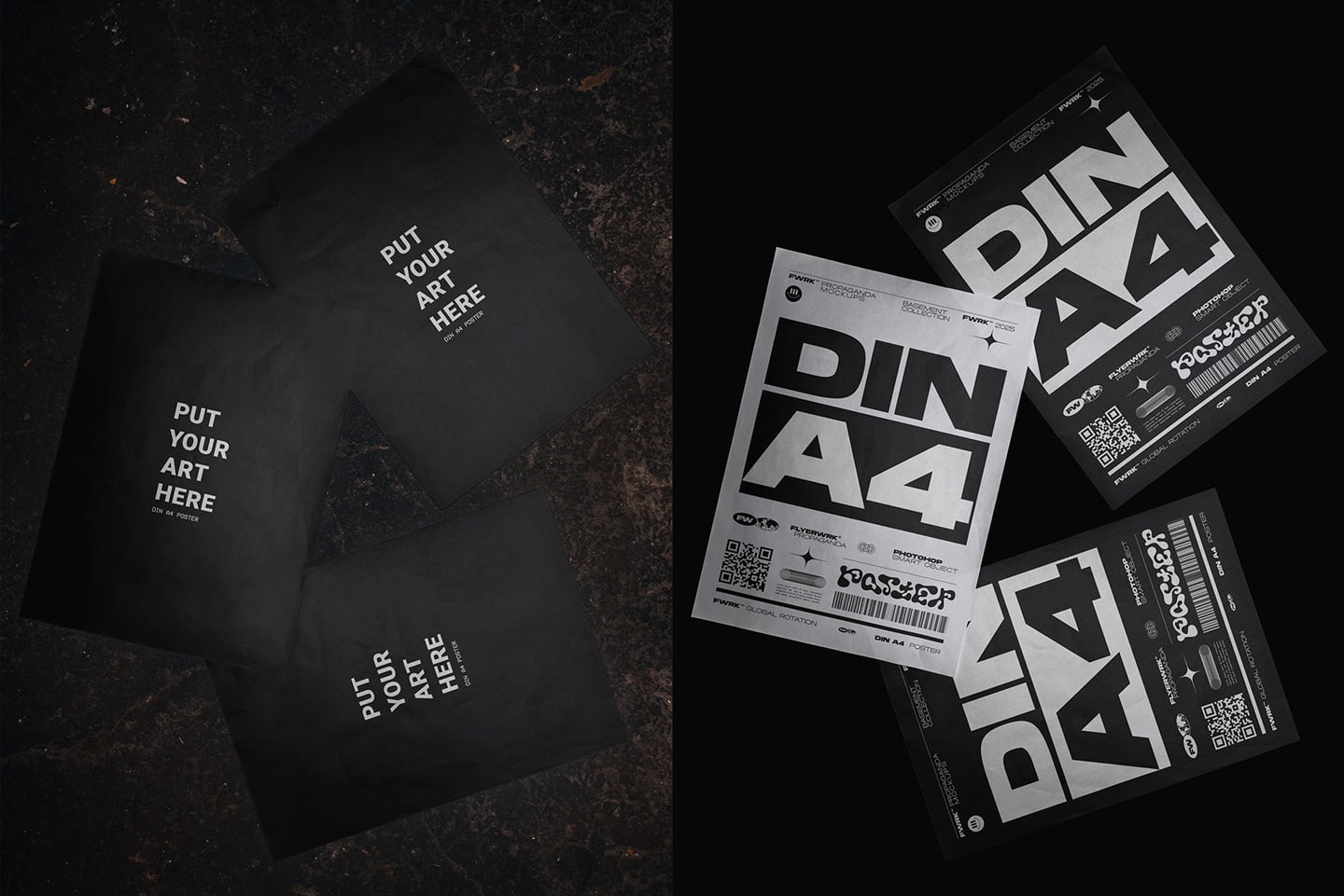 Dark posters with DIN A4 mockups scattered on grunge textured surface, edgy typography design