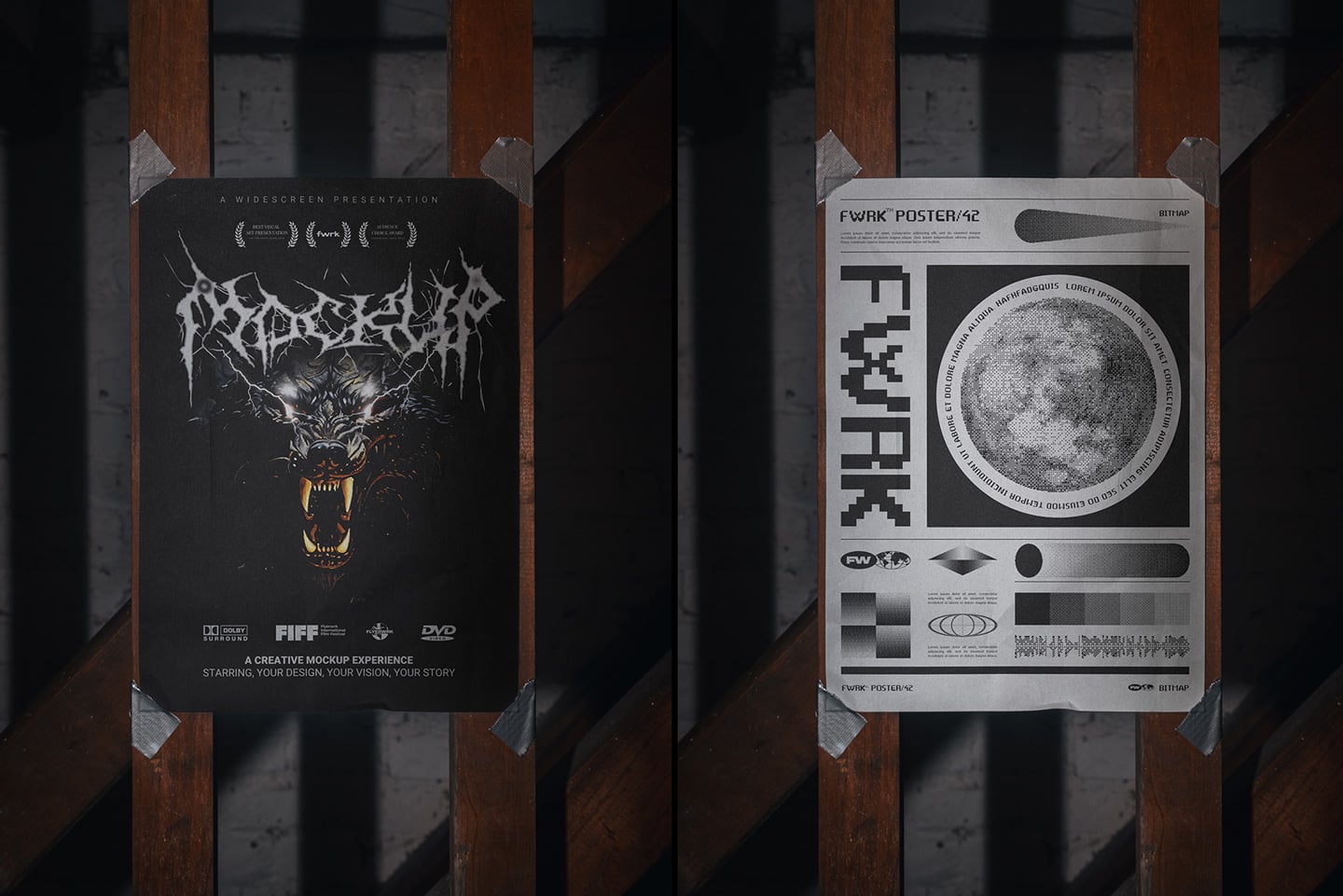 Two posters taped to wood showing dark metal artwork with demon imagery plus industrial grayscale design layouts
