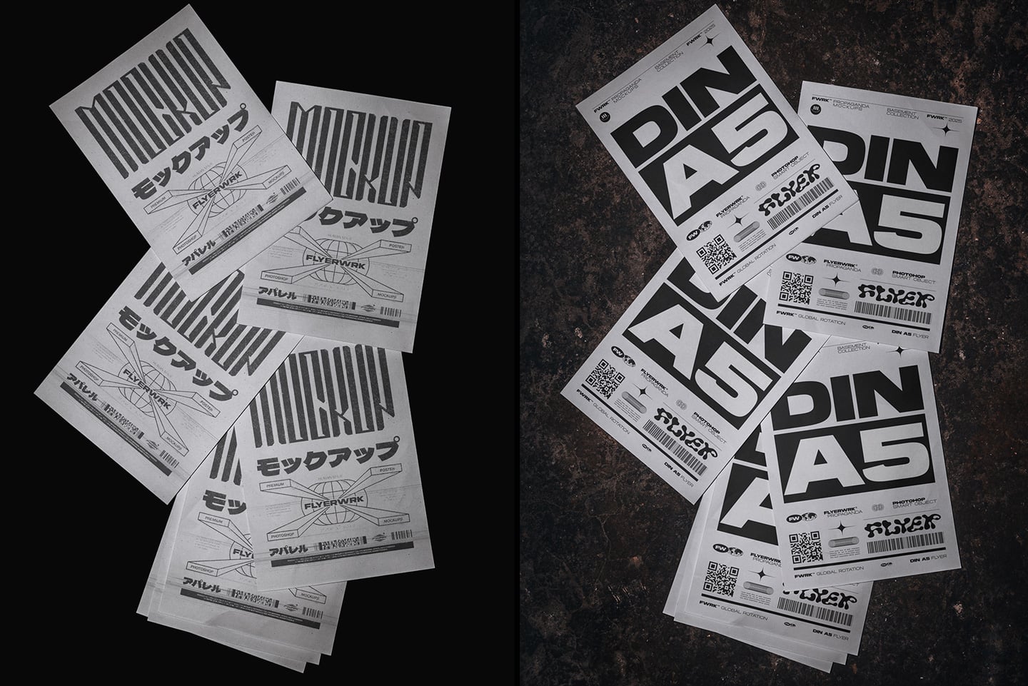 Left: Multiple A5 flyers fanned out on black background showing Japanese typography with barcode details Right: Stacked A5 mockups on textured surface displaying bold geometric lettering with QR codes