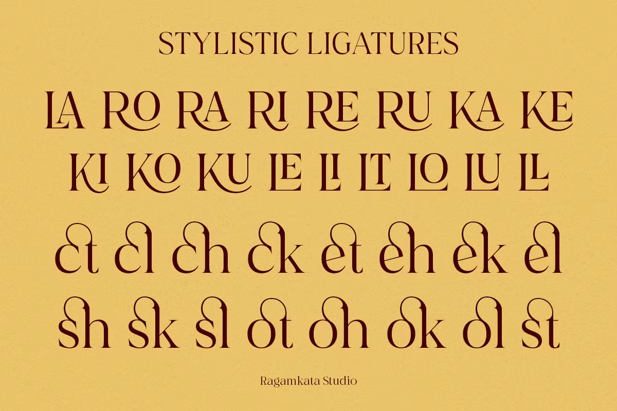 Serif font specimen showing stylistic ligatures on warm gold background