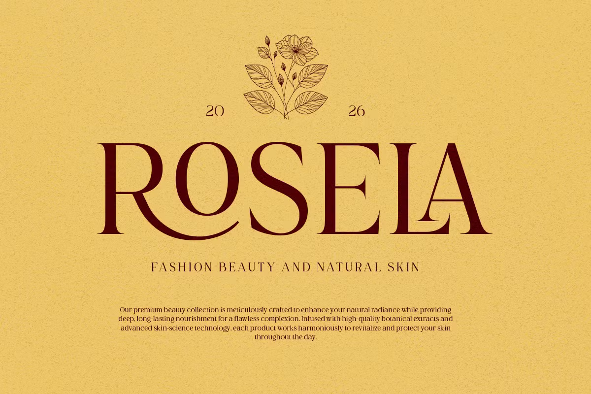 Rosela beauty brand landing page with burgundy serif type on warm yellow background
