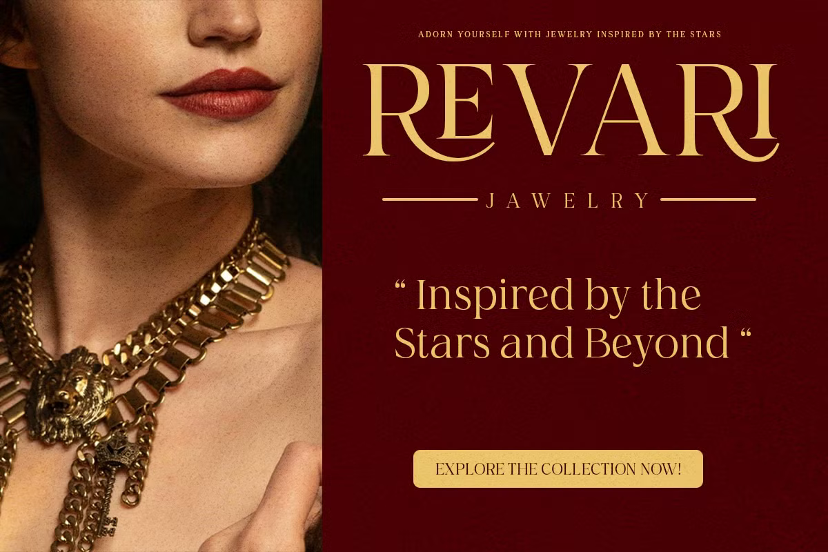 Woman wearing ornate gold chain jewelry against deep burgundy background with Revari branding