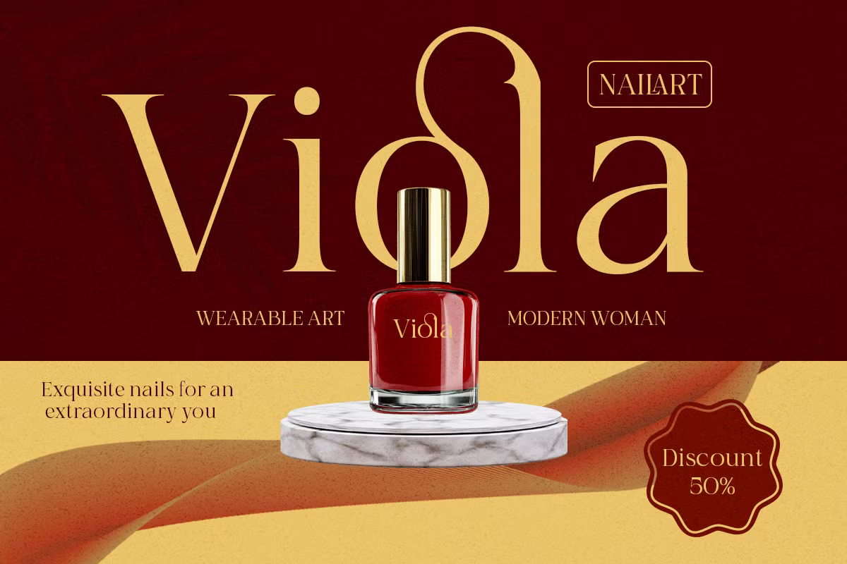 Luxury nail polish bottle on marble pedestal with gold typography, burgundy background, discount badge