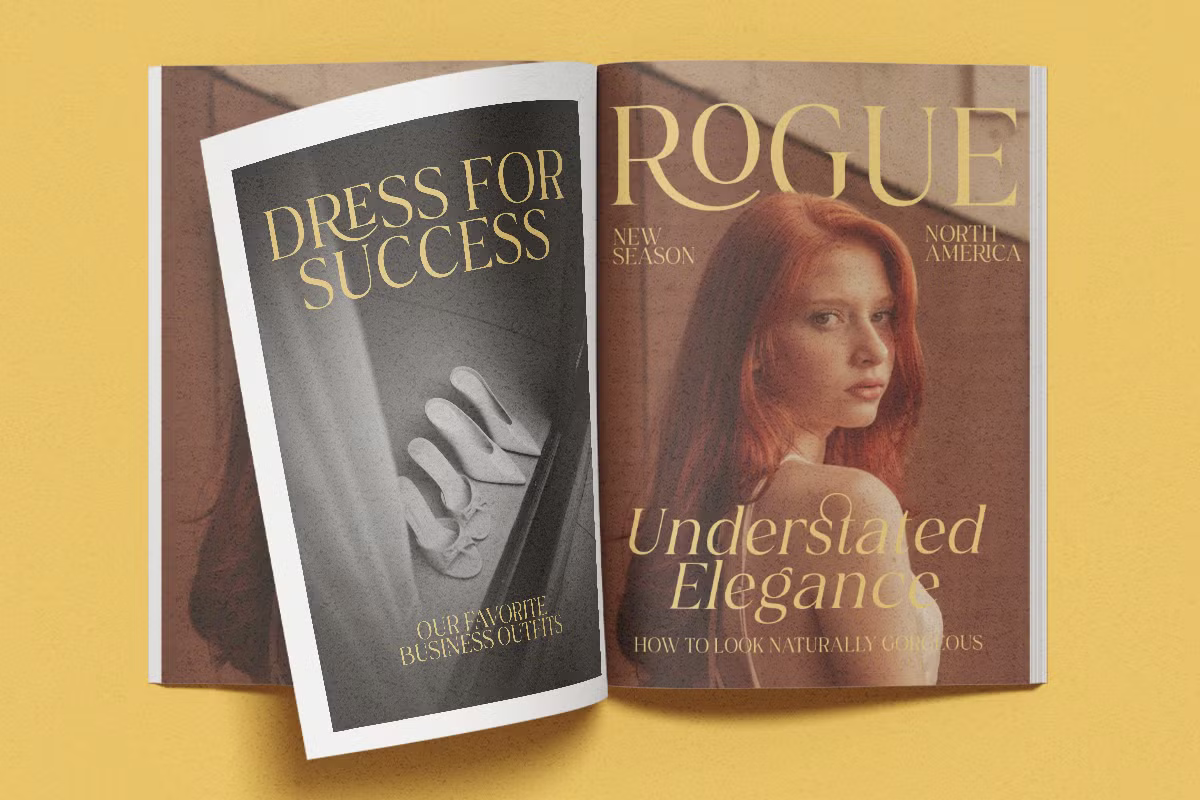 Open magazine mockup on yellow background showing fashion editorial spreads with gold typography