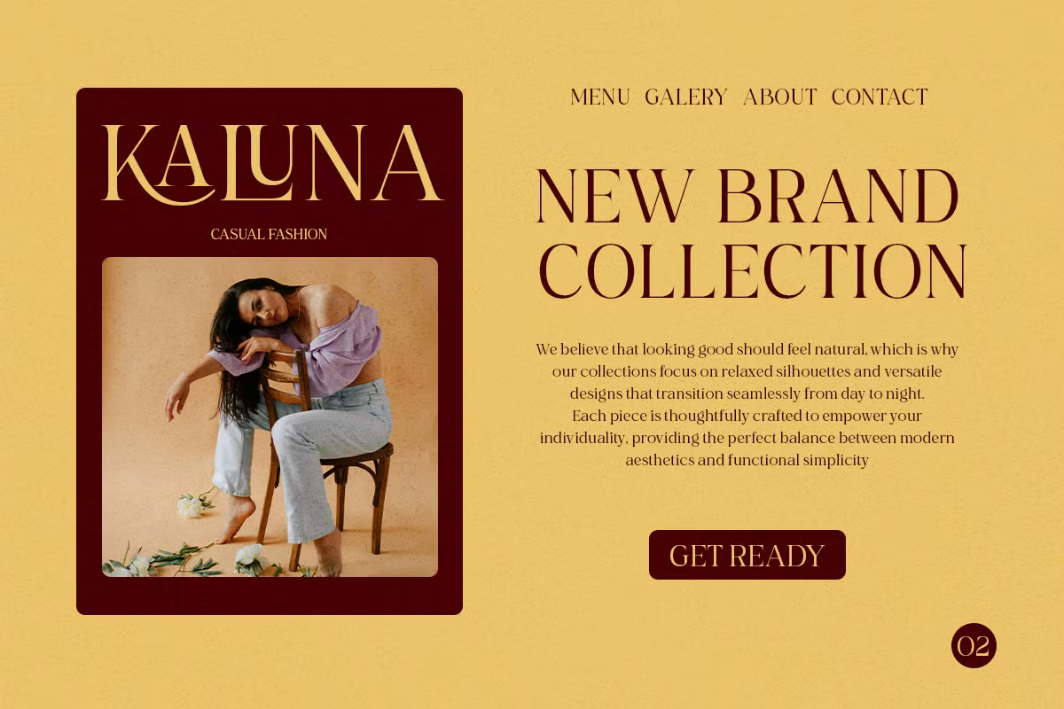 Kajuna casual fashion website mockup with gold background, burgundy card, model sitting on chair wearing layered outfit