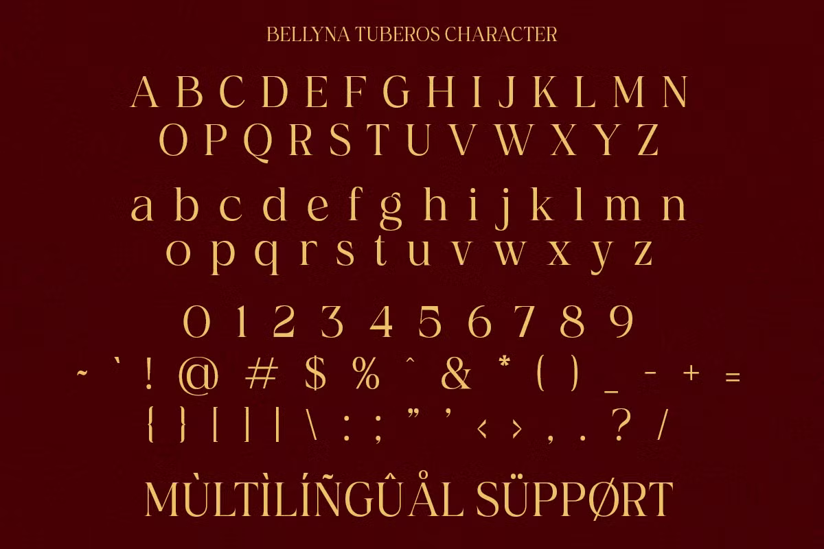 Bellyna Tuberos font displaying full character set with uppercase, lowercase, numbers, symbols on deep burgundy background
