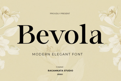 Bevola serif font displayed on cream background with delicate floral illustrations in corners
