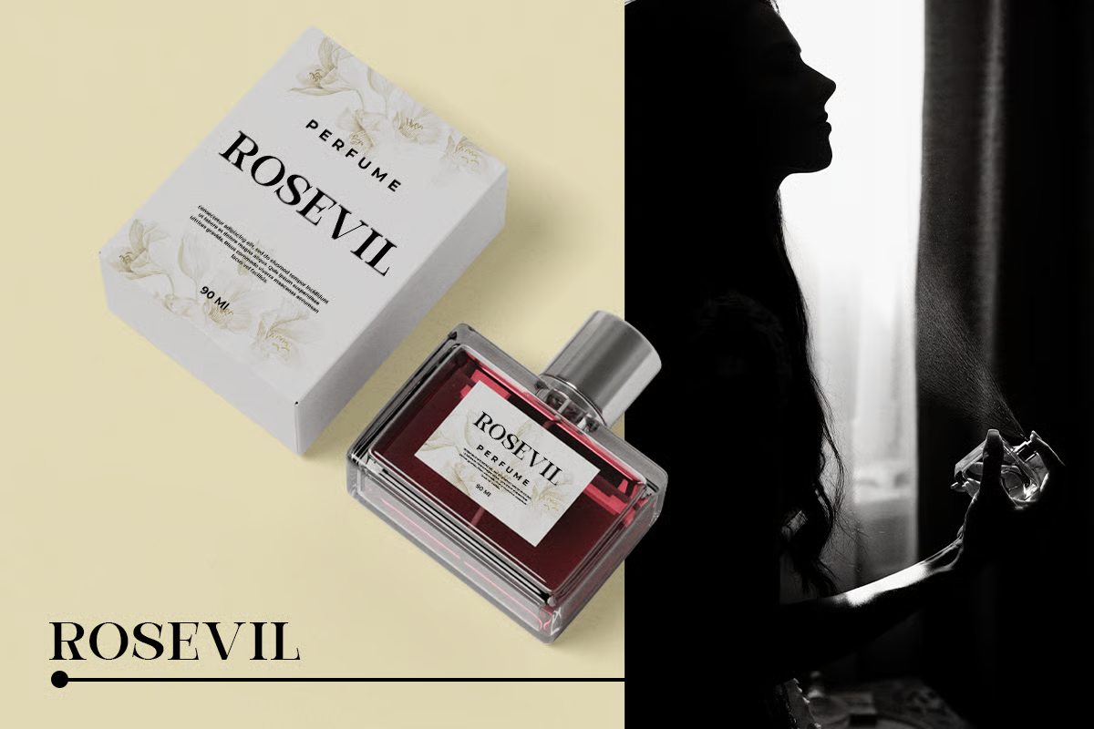Rosevil perfume bottle with box on cream background, styled with black silhouette portrait holding fragrance