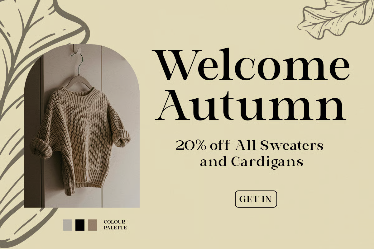 Cream background with beige sweater on hanger, botanical line art, Welcome Autumn text, 20% off promotion button