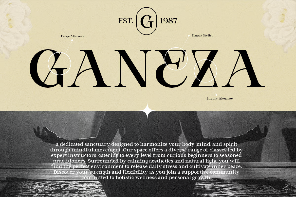 Vintage yoga studio branding with serif logo, elegant typography, black water meditation imagery below