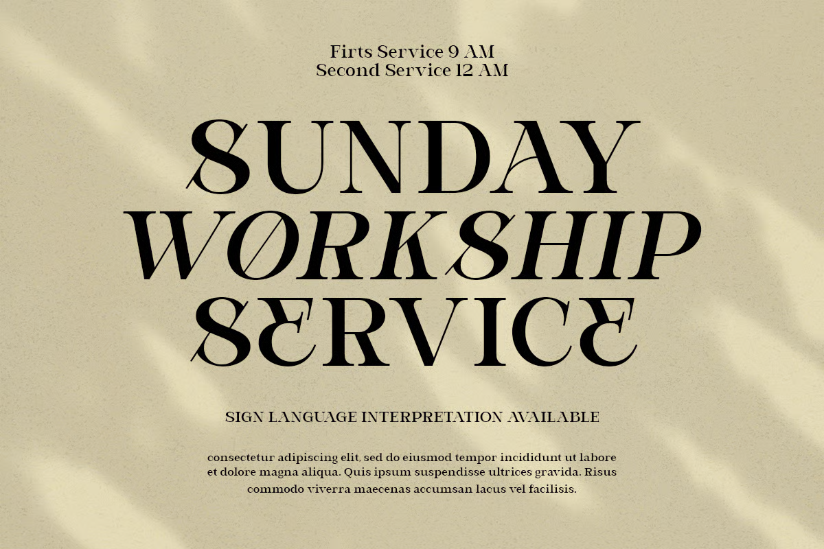 Sunday worship service flyer with elegant serif type on cream textured background