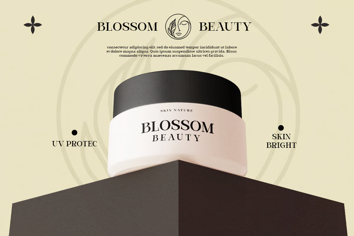 Cream jar mockup for beauty brand with botanical logo, benefit callouts on beige background