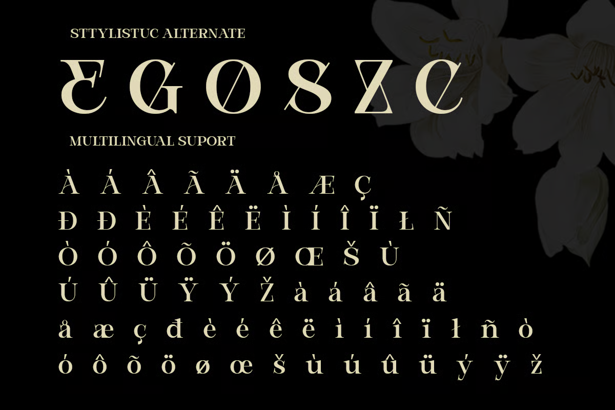 Stylistic Alternate serif font with multilingual accents, cream letters on black