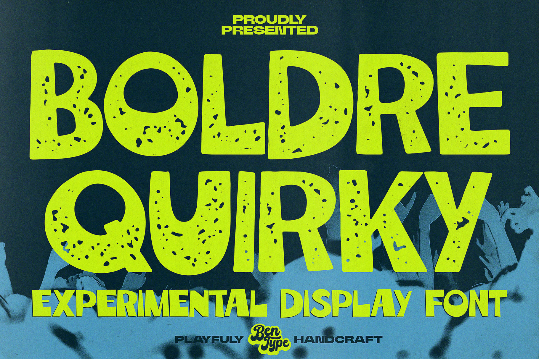 Bold quirky display font with textured neon yellow letters on moody teal background with organic shapes
