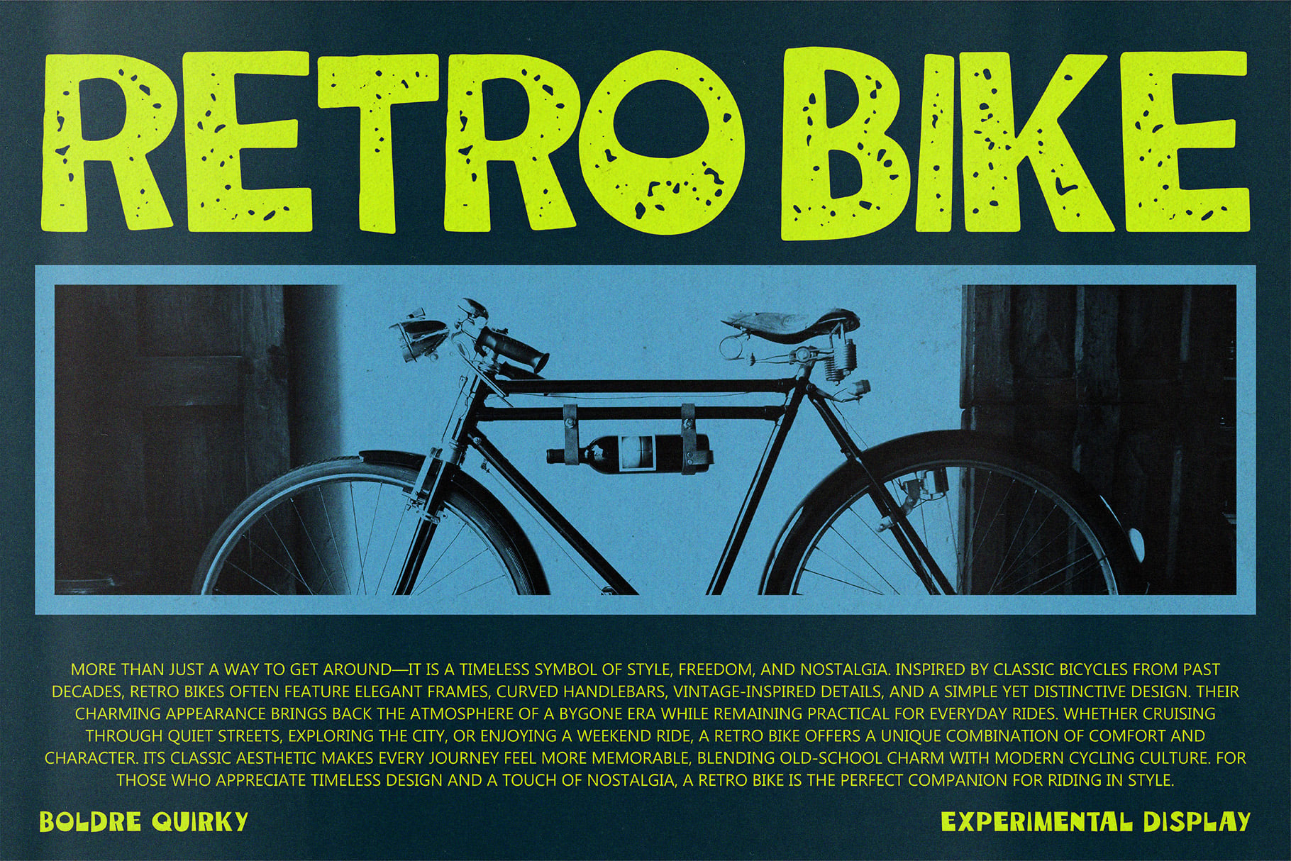Retro bike poster with neon yellow textured type over vintage bicycle silhouette on blue