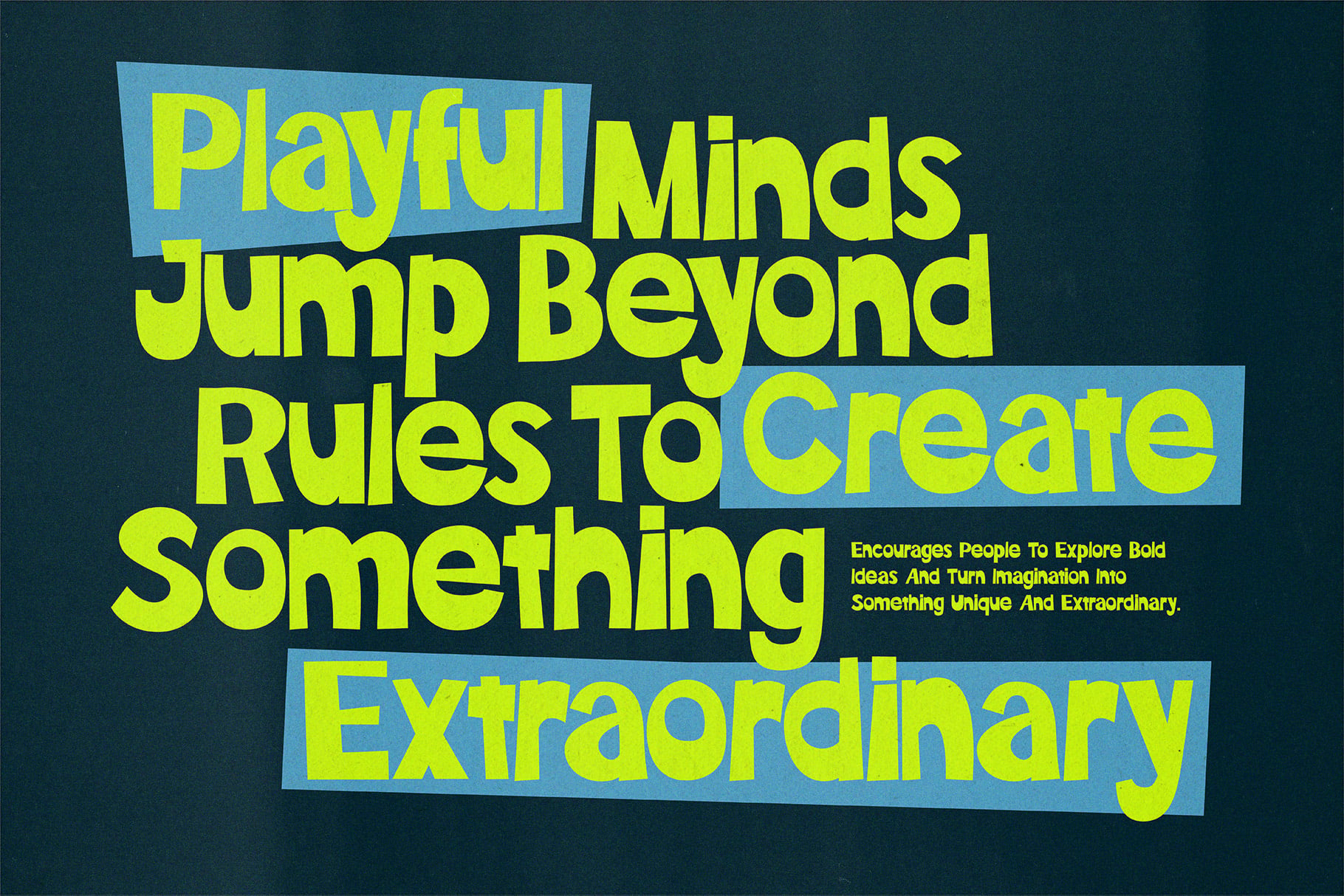Bright neon yellow typography on dark teal with blue highlight boxes promoting creative thinking