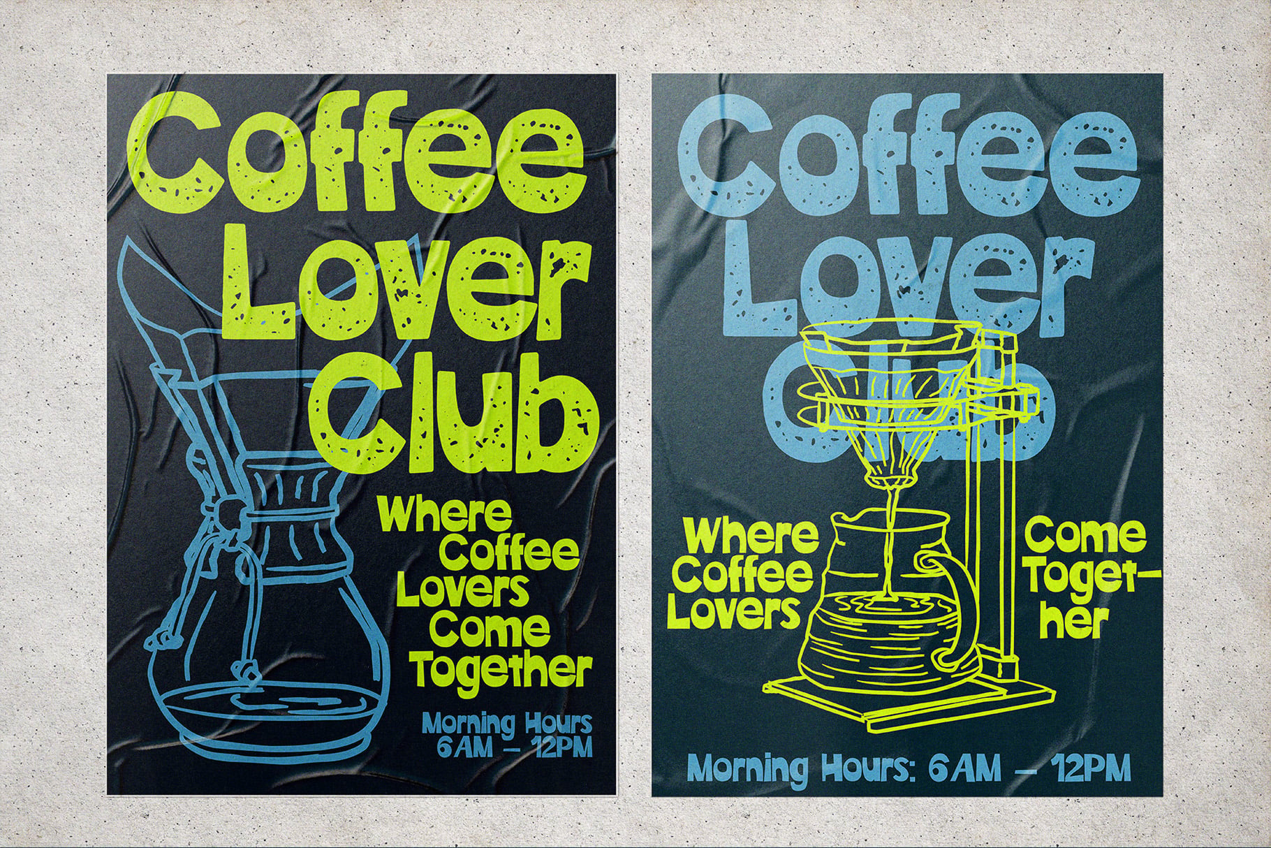 Coffee Lover Club poster mockup with neon yellow type on dark background