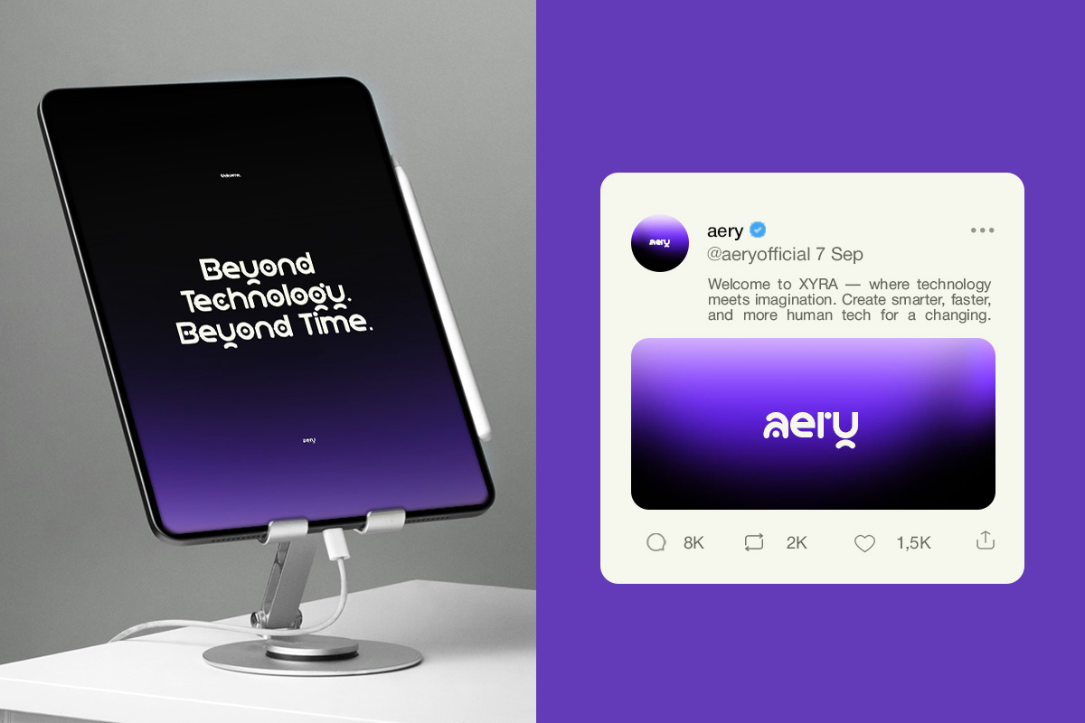 Tablet mockup with purple gradient displaying tech brand tagline alongside social media post screenshot
