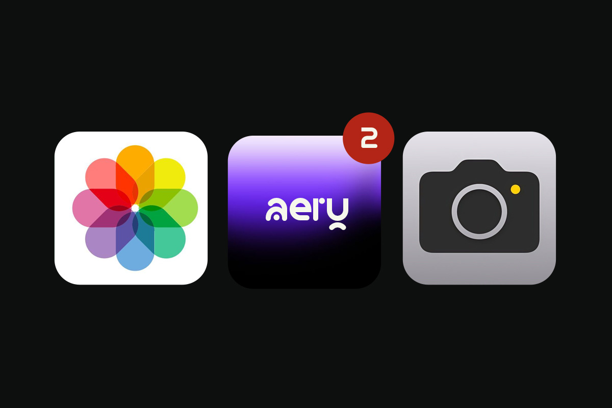 Colorful flower app icon, gradient aeru branding, simple camera icon mockup on black
