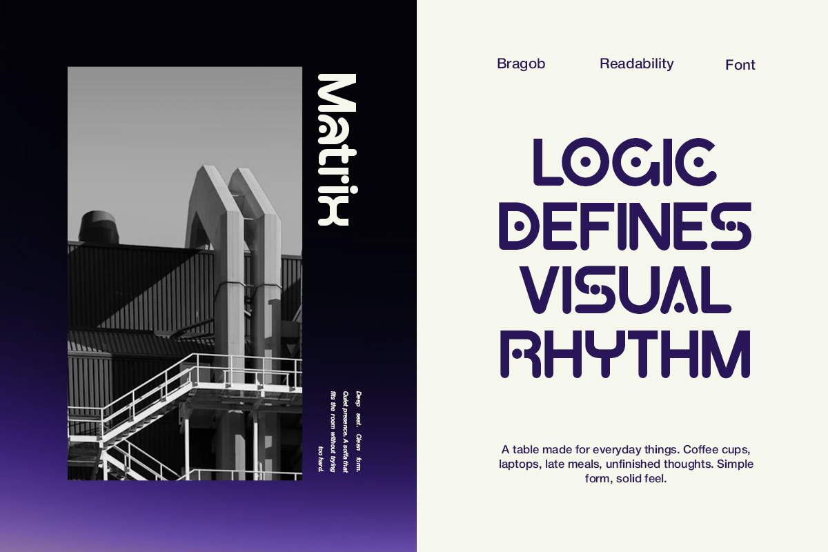 Split-screen layout with brutalist architecture photo on left, bold serif typography on right over cream background