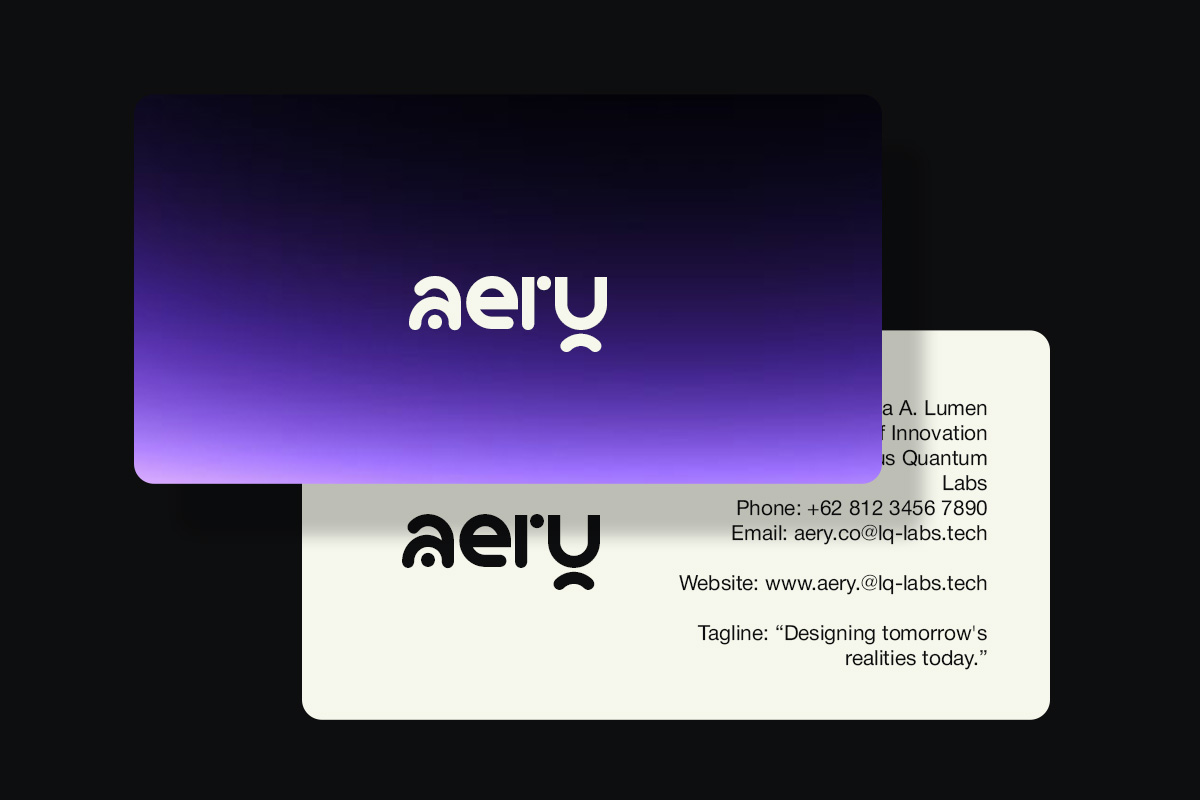 Aery tech brand mockup with purple gradient card plus white business card layout
