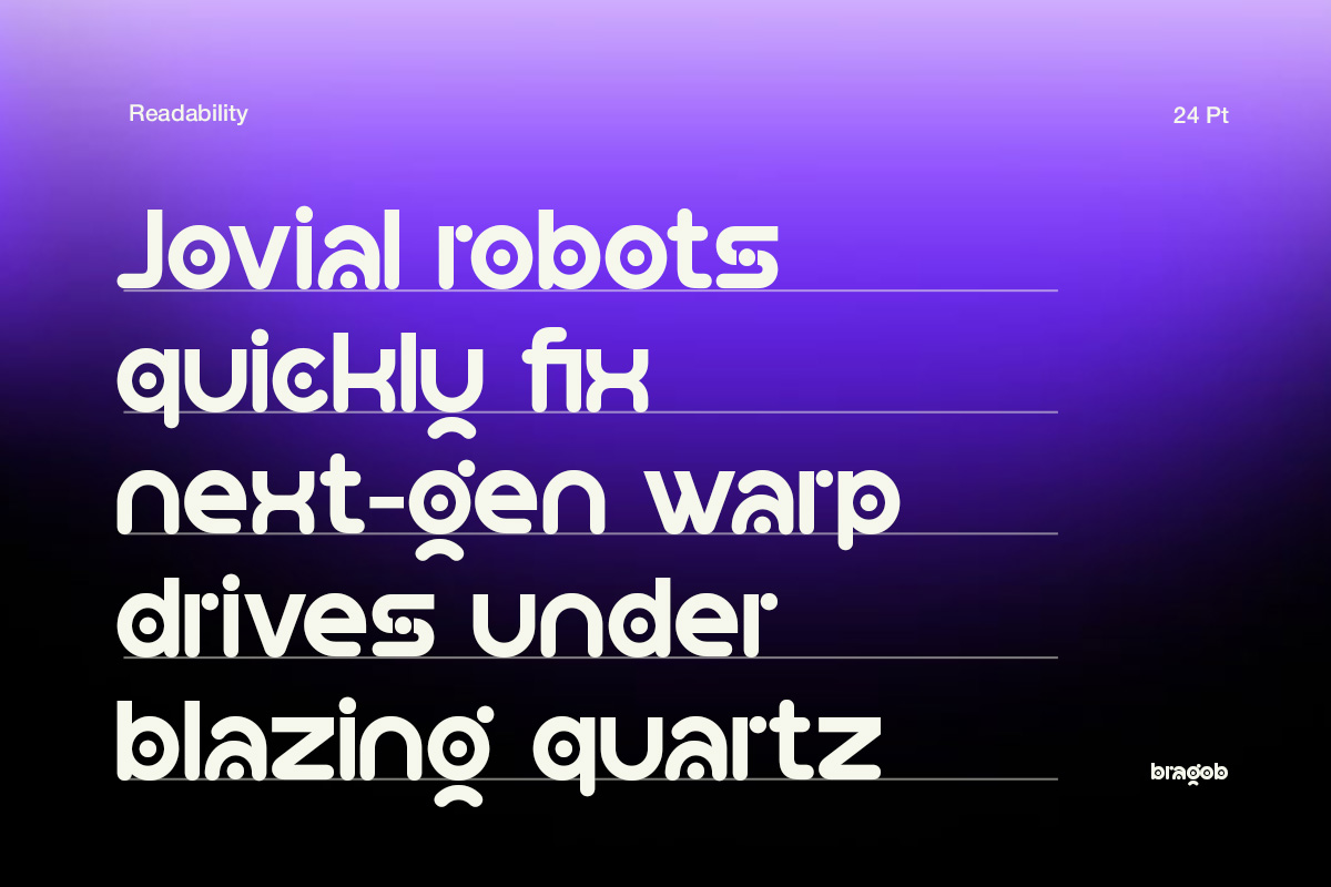 Jovial Robots font sample showing bold display typeface at 24pt on purple gradient background