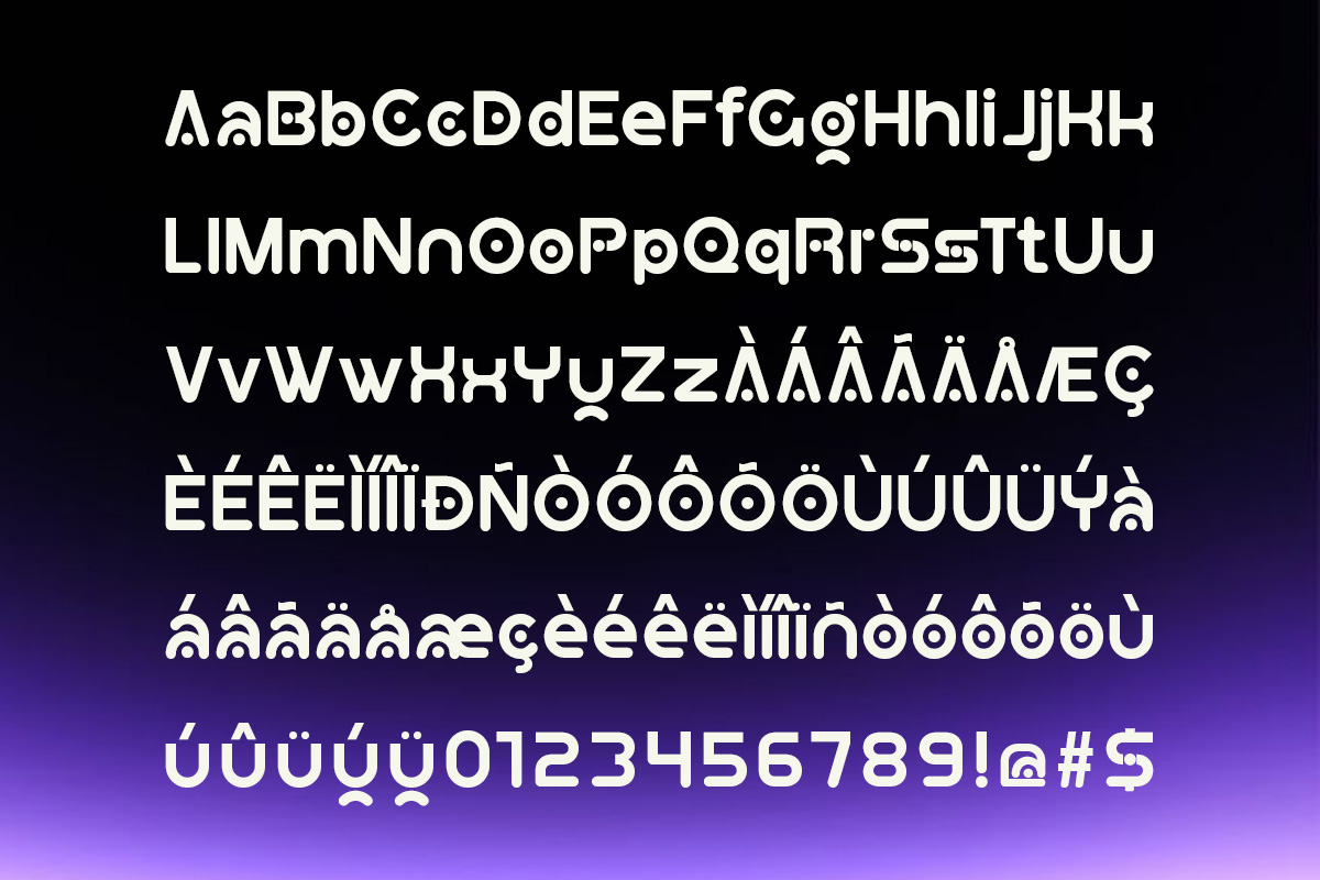Bold sans serif font with extended character set, accented letters, numbers on gradient black to purple background