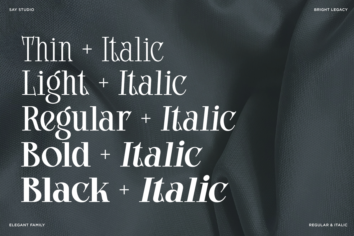 Bright Legacy serif font family showing five weights paired with italic versions on textured fabric
