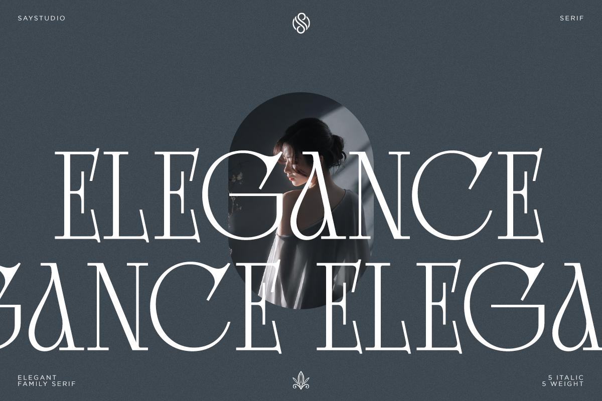 Elegant serif font family displayed over moody blue background with woman in circular frame