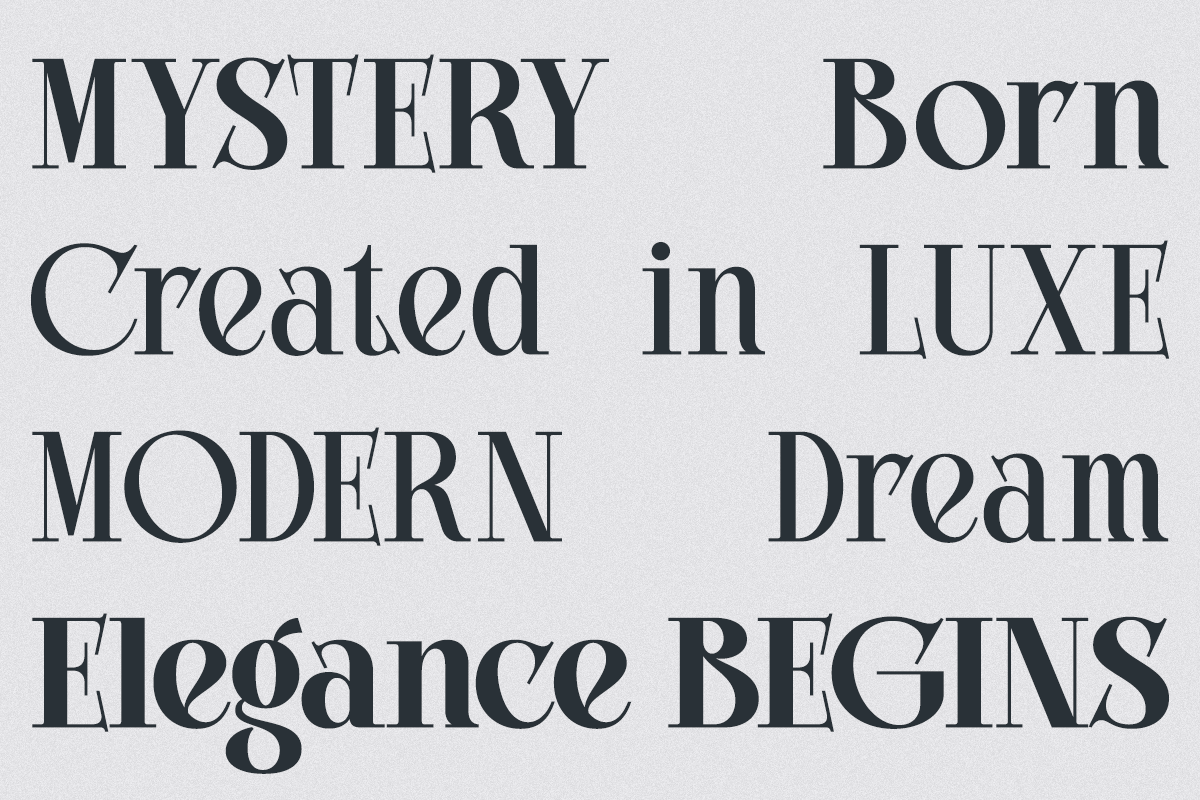 Elegant serif font specimen showing luxury typographic phrases in classic proportions