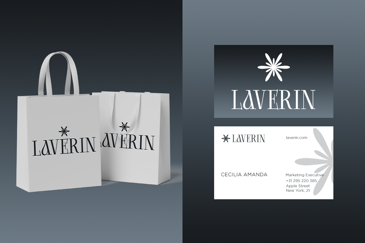 Laverin luxury brand identity mockup with tote bag, business card, plus stationery in minimal design