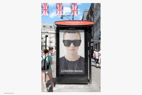 London bus shelter ad mockup showing sunglasses campaign at Oxford Circus Station