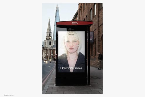 London bus shelter ad mockup showing portrait on digital screen with Borough Station branding