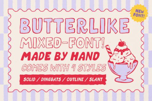 Butterlike mixed font with 4 styles shown on retro striped background with ice cream sundae illustration