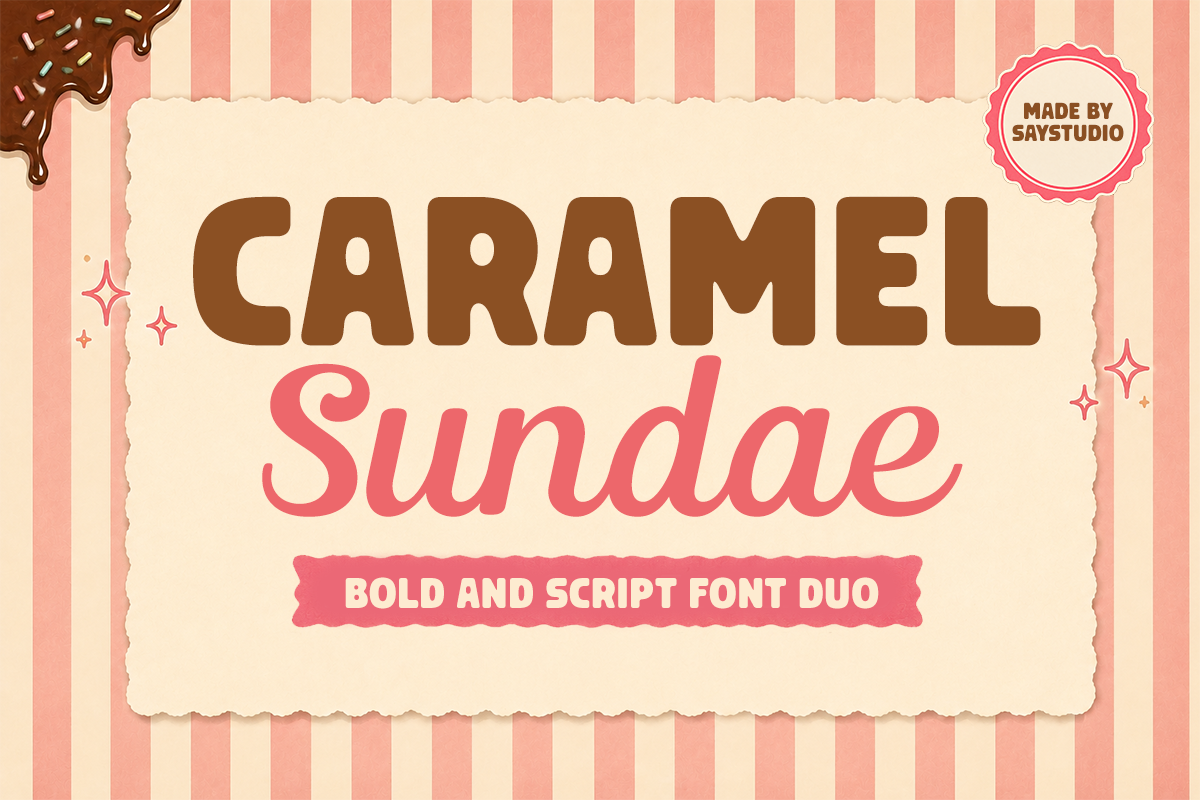 Caramel Sundae font duo with bold brown lettering over pink striped retro background