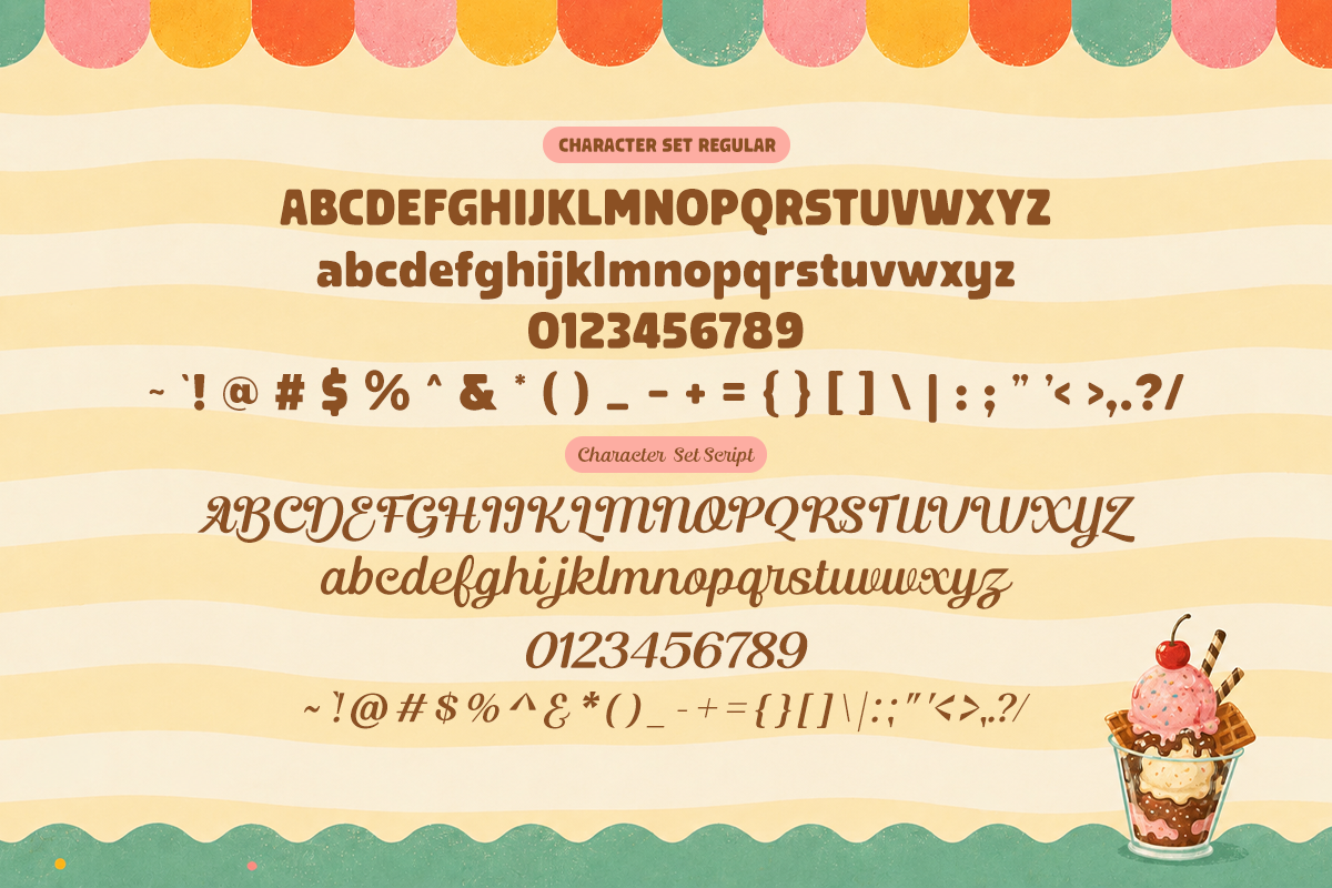 Retro serif font with uppercase, lowercase, numbers, symbols shown over striped cream background with scalloped borders