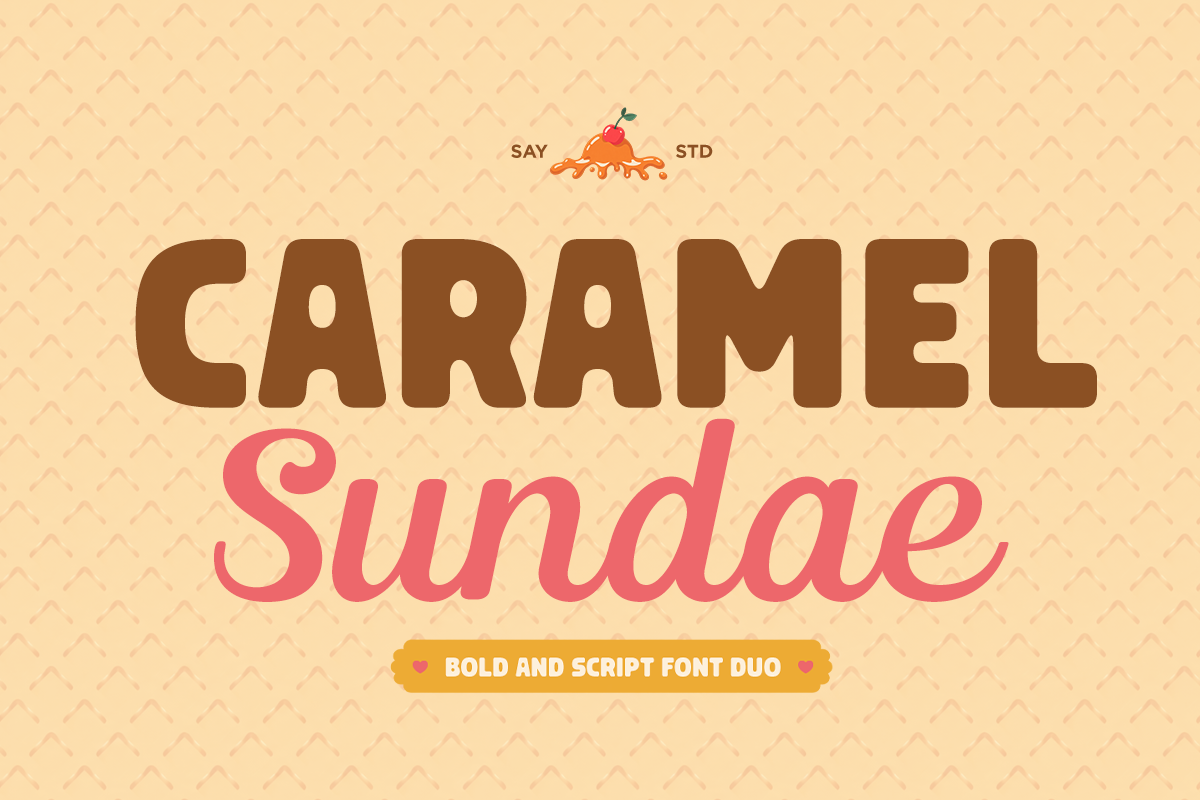 Caramel Sundae font duo with chunky brown letters, pink script, cute orange character on cream background