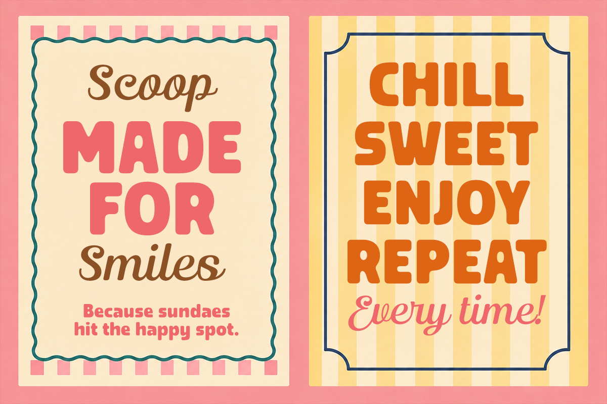 Two retro ice cream shop posters with wavy borders, playful typography in pink, orange plus brown on striped backgrounds