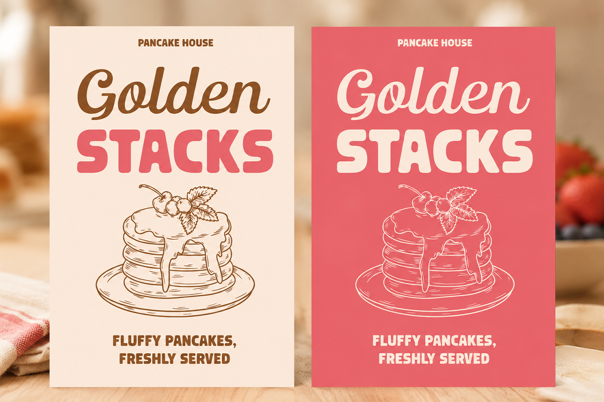 Retro diner poster mockup for pancake shop in cream plus hot pink colorway with stacked pancakes