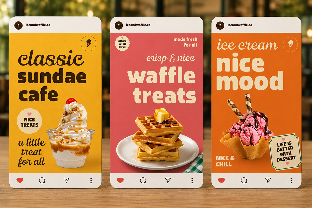 Three bright social media post mockups for ice cream, waffles, dessert cafe with playful typography