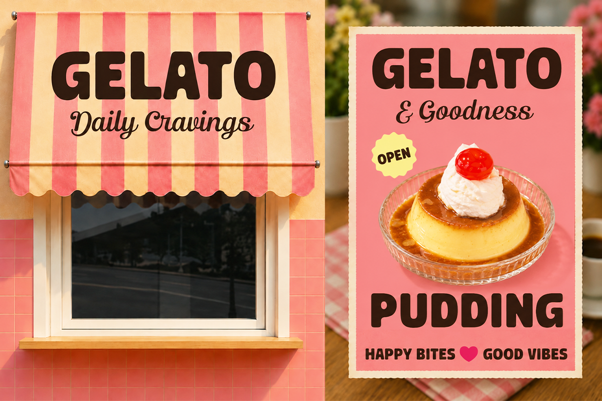 Retro gelato shop storefront mockup with striped awning next to pink pudding poster design